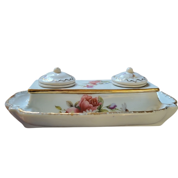 Vintage Limoge China Floral Porcelain Double Ink Well - Picture 7 of 12